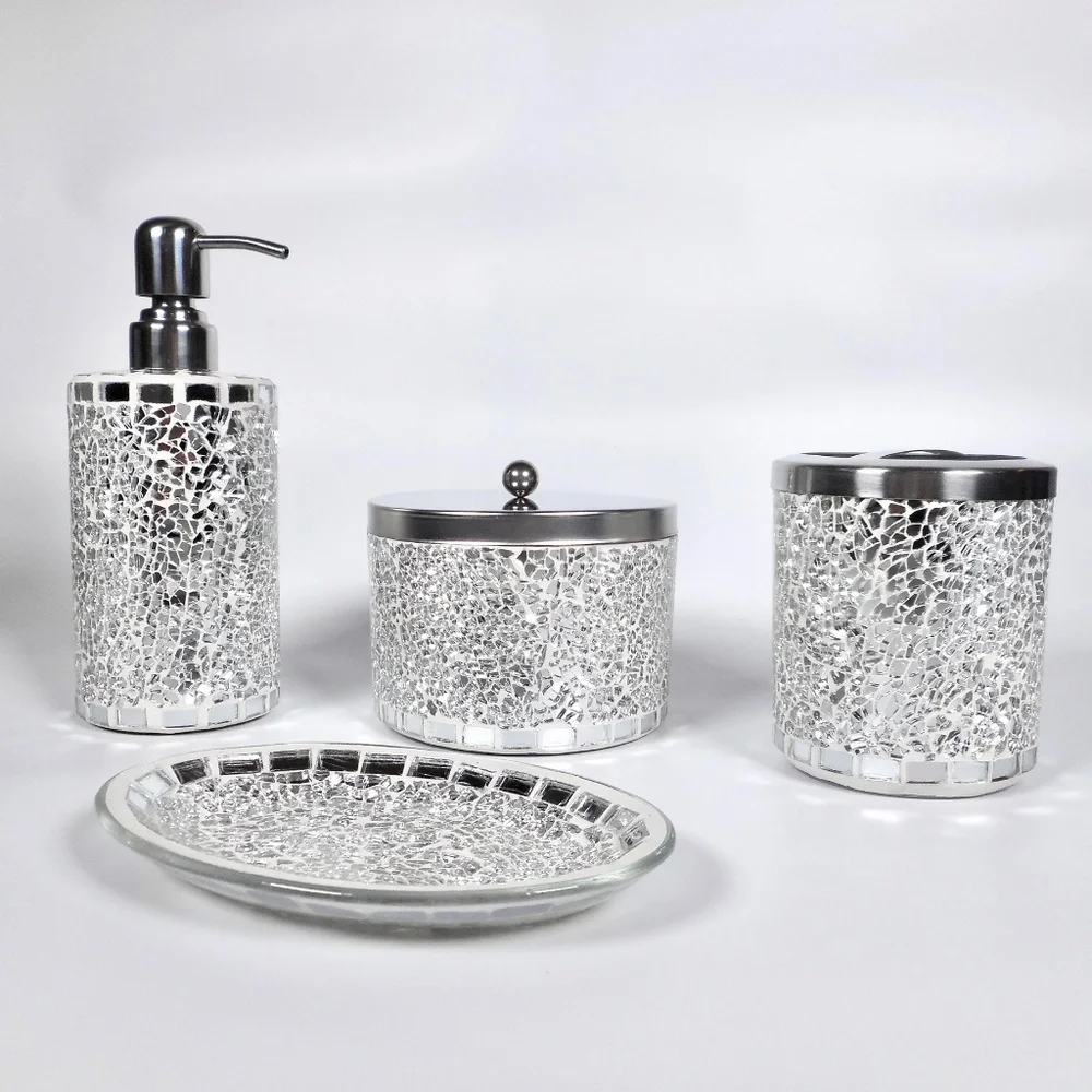 4 pc Mosiac Silver Mirror Glass Soap Dispenser Dish Jar Toothbrush Holder Bling